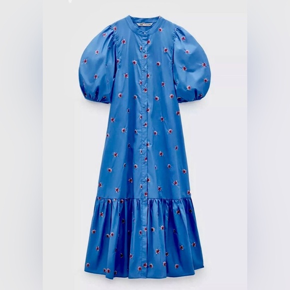 Zara Blue Flora Embroidered Ruffled Puff Sleeve Maxi Dress - Picture 2 of 12